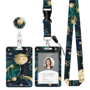 Imagem de Cordão retrátil para crachá de identificação com clipe e chaveiro, ajustável, bonito carretel de separação, durável, perfeito para mulheres enfermeiras, professoras, trabalhadoras de escritório (lua