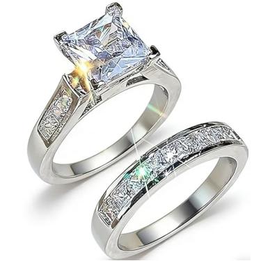 Imagem de 2 peças de anéis de zircônia cúbica quadrados banhados a prata para mulheres, anéis de compromisso de casamento, alianças de casamento, presentes de festa, 10, Liga de aço, Zircônia cúbica