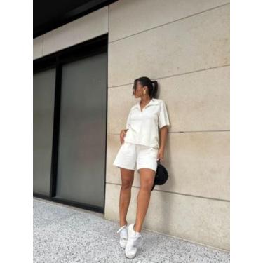 Imagem de Conjunto Feminino Em Moletom Shorts E Blusa Gola Polo - luh may, Branc