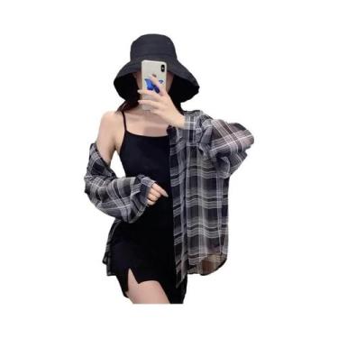 Imagem de Camisa Xadrez Feminina Oversized De Chiffon Transparente Com Mangas Co