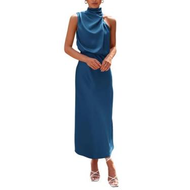 Imagem de Vestido PRETTYGARDEN 2025 Feminino Regata em Cetim Azul Marinho Tamanh
