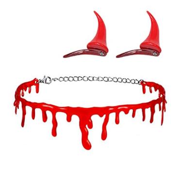 Imagem de Colar de gargantilha de sangue pingando e clipe de cabelo de chifre OX para festa de Halloween pequeno vampiro demônio acessório fantasia
