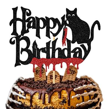 Imagem de Topo de bolo de feliz aniversário com glitter preto - decorações de festa de feliz aniversário para Halloween, tema de Halloween suprimentos de decoração de festa de aniversário