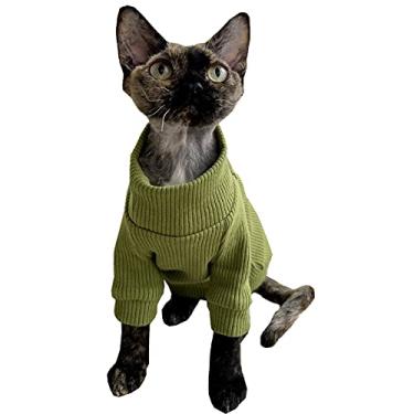 Imagem de Camiseta de algodão Sphynx para gatos sem pelos colete respirável de cor lisa gola rolê pulôver suéter roupas para gatos (verde, G (3 a 4 kg))