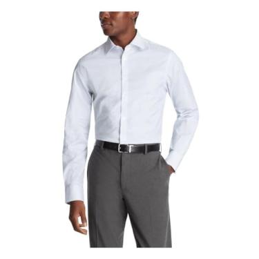 Imagem de Calvin Klein Camisa social masculina slim fit algodão refinado stretch, Azul multi, 18.5" Neck 34"-35" Sleeve
