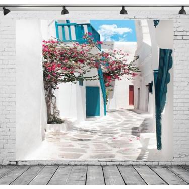 Imagem de CORFOTO Pano de fundo de rua da Grécia de 2,4 x 2,4 m, fundo de rua estreito, decorações de festa de aniversário Mia pano de fundo temático da Grécia, decorações de festa gregas, caminho de pedra,