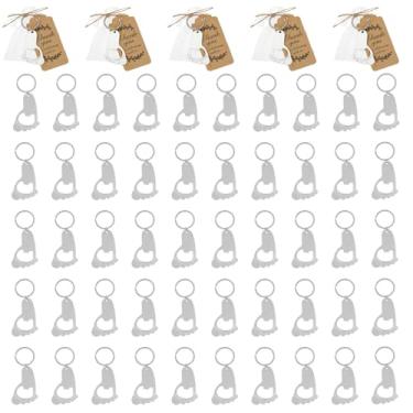 Imagem de Chaveiro abridor de garrafa com pegada de 50 peças, lembrancinha de chá de bebê com etiqueta de saco de fio para presente de lembrança, abridor de garrafa de metal (prata)