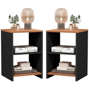 Imagem de Conjunto Kit 2 Mesas de Cabeceira Compacta de Quarto Mesinha Apoio Lateral para Cabeceira Cama com 2 Nichos Organização e Decoração Abertos 60cm x 55cm x 15cm Design Clean Dubai (Preto/Freijó)