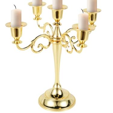Imagem de LCZNXJJY Castiçal de metal com 5 braços de 25,4 cm, suporte de vela alto à prova de ferrugem, suporte de candelabro de mesa vintage para jantar de casamento (ouro)