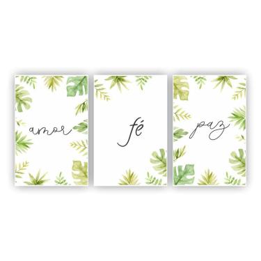 Imagem de Kit 3 Placas Quadros Sala 20X30 Amor, Fé E Paz Folhas Floral