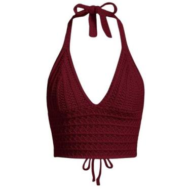 Imagem de Blusa Crop Halter Naileksi feminina vermelha de crochê com cadarço sem