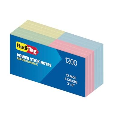 Imagem de Redi-Tag Power Stick Notes, 12 blocos de notas adesivas, 7,6 x 7,6 cm, notas adesivas para escola, escritório, casa e sala de aula, 4 cores pastel: amarelo, azul, verde e rosa, 12 blocos por pacote
