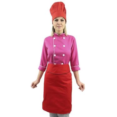 Imagem de Kit chef cozinha feminino Dolmã manga 3/4 + Avental vermelho + Chapéu vermelho