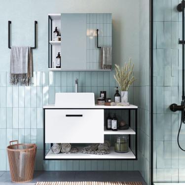 Imagem de Gabinete Suspenso para Banheiro 80cm com Espelheira e Cuba Placa e Ponto Preto/Branco