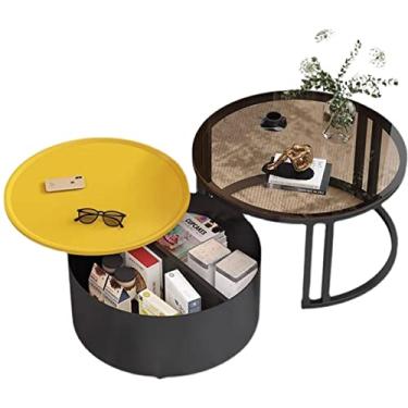 Imagem de Mesa de centro lateral de 70 cm, conjunto de 2 mesas de centro 2 em 1, mesa lateral redonda com compartimento de armazenamento, mesa de centro de estilo moderno com pernas de metal para sala de estar, conjunto empilhável de 2 peças