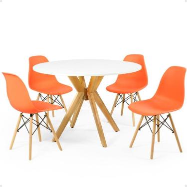 Imagem de Conjunto Mesa de Jantar Redonda Marci Branca 100cm com 4 Cadeiras Eames Eiffel - Laranja