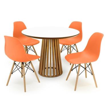 Imagem de Conjunto Mesa de Jantar Redonda Luana Amadeirada Branca 100cm com 4 Cadeiras Eames Eiffel - Laranja