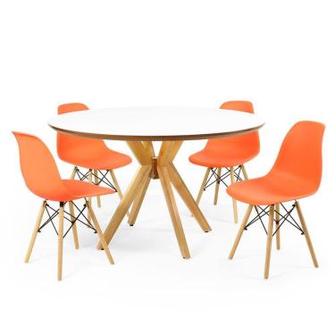 Imagem de Conjunto Mesa de Jantar Redonda Marci Premium Branca 120cm com 4 Cadeiras Eames Eiffel - Laranja