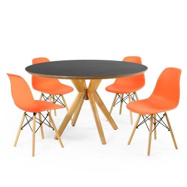 Imagem de Conjunto Mesa de Jantar Redonda Marci Premium Preta 120cm com 4 Cadeiras Eames Eiffel - Laranja