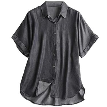Imagem de Cromoncent Blusas femininas com botões de pressão, blusas jeans Lyocell casuais de manga curta, Preto, P