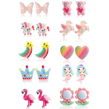 Imagem de Brincos de pressão para meninas, 10/12/20/24/30/32 pares de brincos hipoalergênicos para crianças, lindos e ótimos presentes para meninas de 4 a 12 anos, Standard, Aço inoxidável Resina, Sem pedra