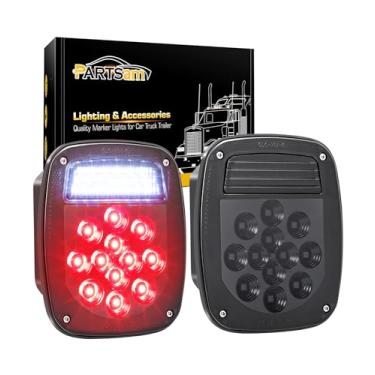 Imagem de Partsam 2 x luzes traseiras de caminhão basculante de LED 33 LEDs universais de parada de virar retrocesso luzes traseiras com luz de placa de licença fumaça para lente de fumaça montagem com fio de substituição para Wrangler TJ YJ CJ-5 CJ-7 12V IP67