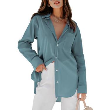 Imagem de siliteelon Camisas femininas de botão, blusas de manga comprida, sem rugas, túnicas sólidas com bolsos, Jeans azul, XXG