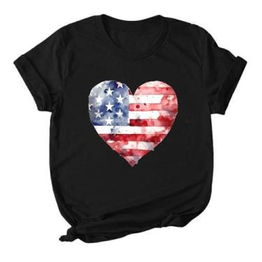 Imagem de Camiseta feminina com bandeira americana patriótica, listras estrelas, bandeira americana, jeans, feminina, patriótica, camisetas estampadas engraçadas, Preto, XXG