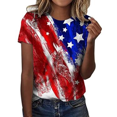 Imagem de Camiseta feminina Independence Day com estampa de listras com bandeira americana e listras casuais 4 de julho de manga curta, Vermelho, GG