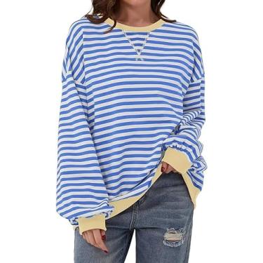 Imagem de 70ILYUHS Moletom feminino listrado gola redonda Color Block camisa de manga longa casual pulôver top primavera roupas Y2K, Damasco azul, M