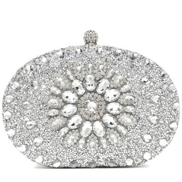Imagem de Beaguful Bolsas femininas para noite com strass brilhante, bolsas de mão luxuosas, Prata oval, 7.9 x 2.0 x 5.5 inches