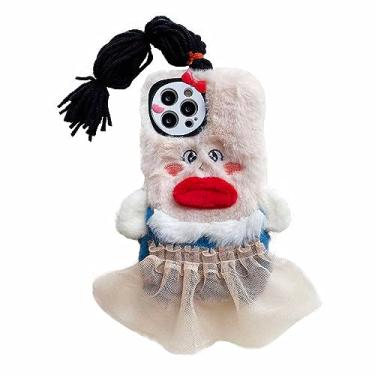 Imagem de Tewwsdi Capa de telefone fofa de desenho animado para iPhone 14 pro max, capa fofa engraçada de pelúcia peluda com tranças engraçadas para meninas, meninas, adolescentes, mulheres, capa para 14Pro Max