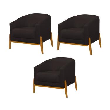 Imagem de Kit 3 Poltronas Living Base em Madeira Maciça Flórida Linho Marrom Escuro