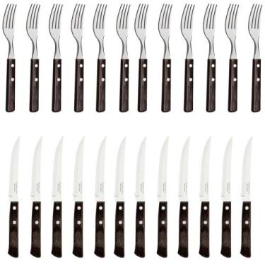 Imagem de Kit Garfos e Facas Polywood Castanho Aço Inox 12 Peças Cada Almoço Jan