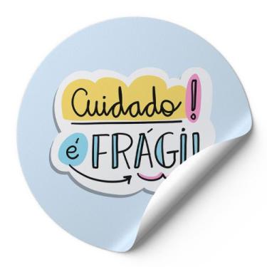 Imagem de 120 Etiquetas Auto Colante Adesivos Redondos Cuidado É Frágil Fundo Az