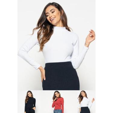 Imagem de Kit 3 Blusas Gola Alta Manga Longa Malha Canelada Preta, Branca e Terr