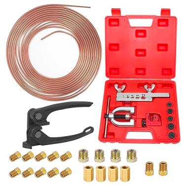 Imagem de ANSIKE Linha de freio 3/16, rolo de tubo flexível revestido de cobre de 7,6 m + kit de ferramentas de alargamento de linha de freio de alargamento simples e duplo + dobrador de tubo com 16 conexões e