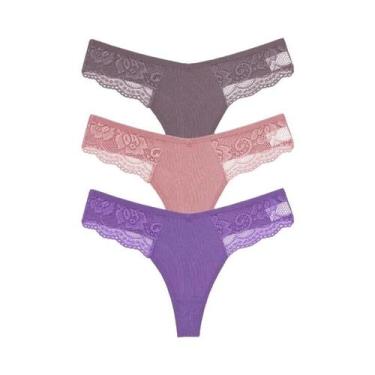 Imagem de Calcinhas Tangas de Renda e Algodão - 3 Peças - Cintura Baixa, L, Conj