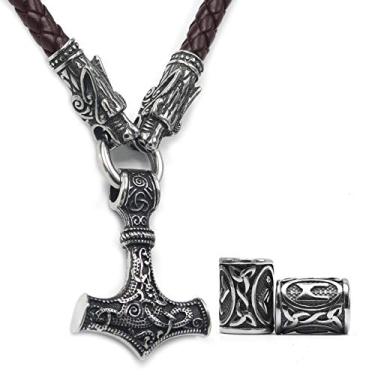 Imagem de GUNGNEER Thor's Martelo Pingente Viking Mjolnir Colar para Homens com Corrente de Couro de Cabeça de Lobo Marrom, Bônus de Aço Inoxidável 316L 2 Contas de Rune