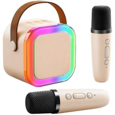 Imagem de Caixa de Som 2 Microfones Bluetooth Portátil Efeito de LED Sem Fio Mudança de Voz Karaokê