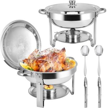 Imagem de Pratos de fricção para buffet, conjunto de pratos de aço inoxidável com suporte de tampa, chafers redondos e conjuntos de aquecedores de buffet para casamentos, eventos, banquetes