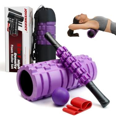 Imagem de JOYENERGY Conjunto de rolo de espuma 5 em 1, rolo de espuma de ponto de gatilho patenteado, bastão de rolo de massagem, bola de massagem, alça de alongamento para massageador de tecidos profundos para