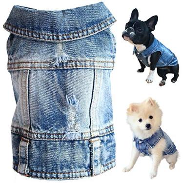 Imagem de Jaqueta jeans para cães Strangefly, camiseta jeans para filhote de cachorro azul, roupas para cães laváveis na máquina, vestuário confortável e legal, para pequenos cães e gatos médios (G)