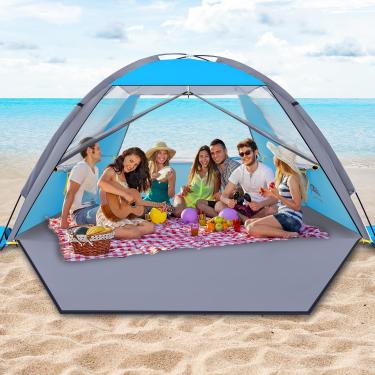 Imagem de HAPPY TRAVEL Tenda de Praia, Proteção Uv Upf 50+, Abrigo para 3/4/5/6/7/8 Pessoas, Toldo de Praia Portátil para Família E Bebê, Cabana de Praia Leve E Fácil de Montar com 3 Janelas de Malha de Ventila