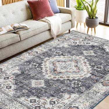 Imagem de Mcadore Tapete vintage lavável, 15 x 23 cm boho para sala de estar, quarto, cozinha, tapete macio antiderrapante dobrável para interior, azul marinho/bege