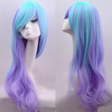 Imagem de IMISSU Peruca longa de cabelo natural cosplay com franja colorida fantasia de Halloween perucas de festa para mulheres (Azul Roxo)