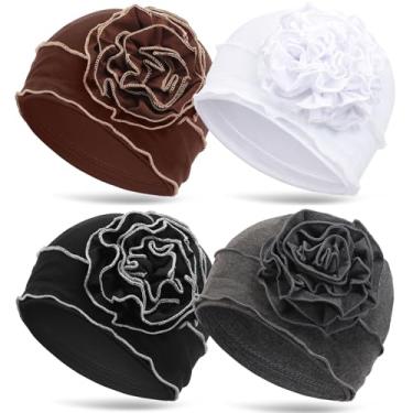 Imagem de AQOKKA Touca de flor feminina Chemo Turbans para pacientes com câncer, capa de cabelo africano, gorro para perda de cabelo, 4 peças de chapéu de flores: café, branco, preto, cinza escuro, 4 Count