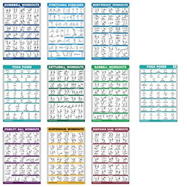 Imagem de QuickFit Pacote com 10 - Conjunto de pôsteres de exercícios - Yoga Volume 1 e 2, suspensão, kettlebell, faixas de resistência, alongamento, peso corporal, haltere, bola de exercício (aminada, 45,7 cm
