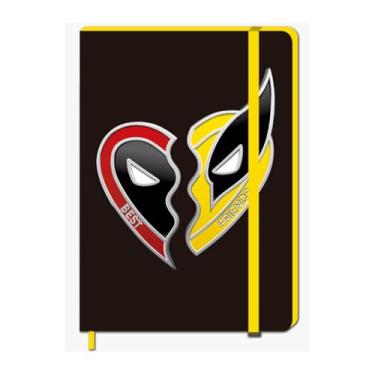 Imagem de Caderneta A5 Deadpool & Wolverine, 96 Folhas Pautadas, Capa Preta, Fechamento com Elástico, Marcador de Página em Fita de Cetim, Estilo Brochura, Ideal para Anotações. Pé de Lápis