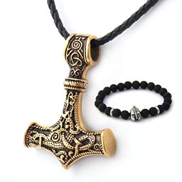 Imagem de BaviPower Colar de couro martelo com pingente de Mjolnir de ouro 18 K para homens e mulheres, aço inoxidável 316L, joia nórdica escandinava vikings